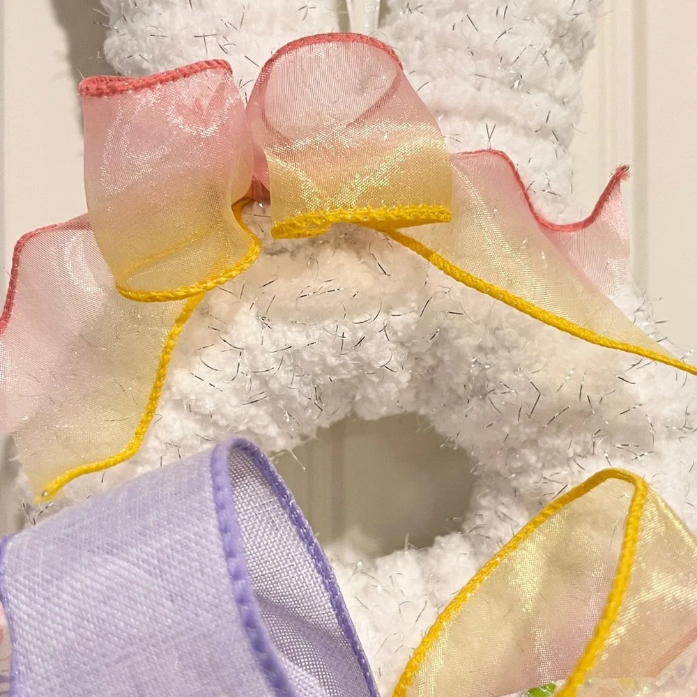 White Fluffy Yarn & Ribbon Bunny Wreath for Easter 19”L #3